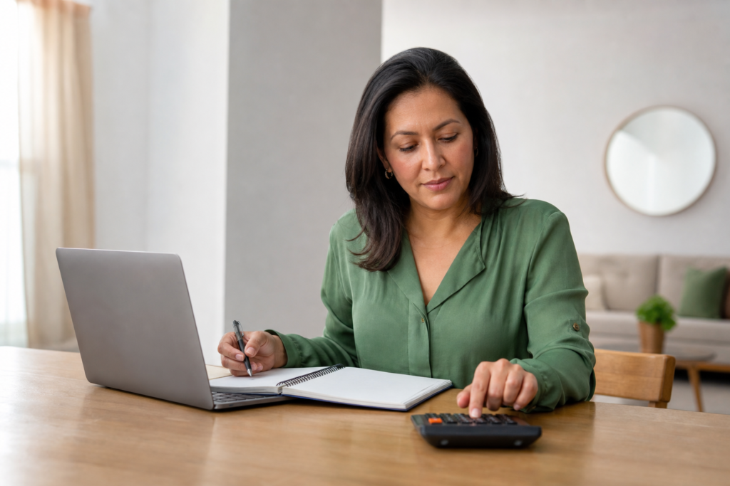 Mujer latina revisando costos de un seguro con su laptop en casa — Asegurables.com