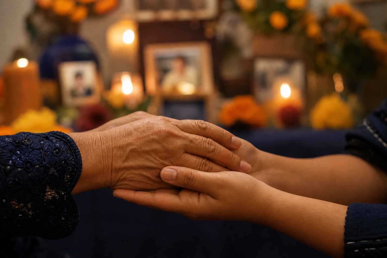 Manos de dos generaciones hispanas entrelazadas con luz dorada; amor, memoria y esperanza.