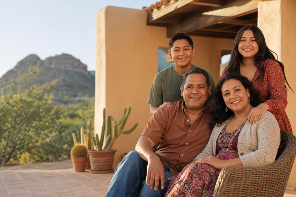 Familia latina en un patio de estilo suroeste con tonos cálidos del desierto en Arizona — Asegurables.com