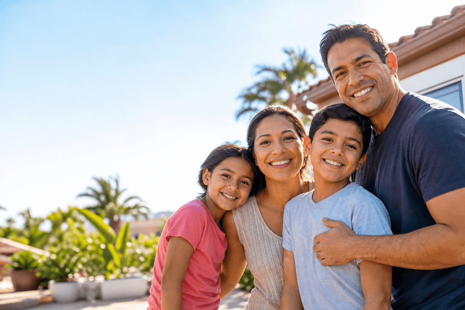 Familia latina disfrutando al aire libre con luz cálida de California — seguro de gastos finales, Asegurables.com