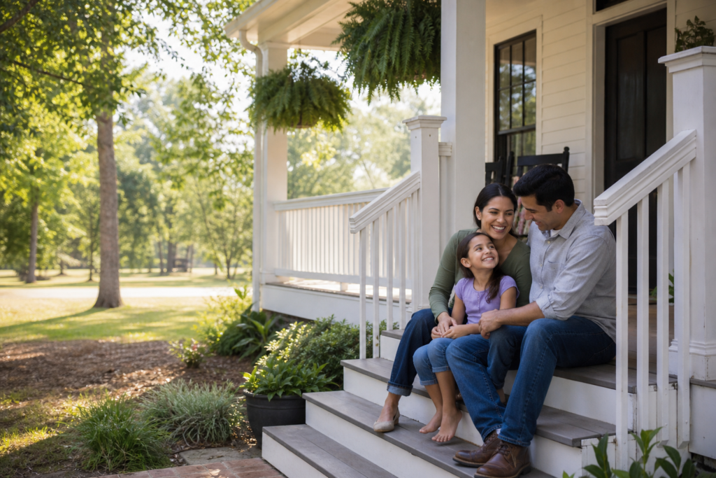 Familia latina en el porche de una casa estilo sureño rodeada de vegetación en Carolina del Norte — Asegurables.com