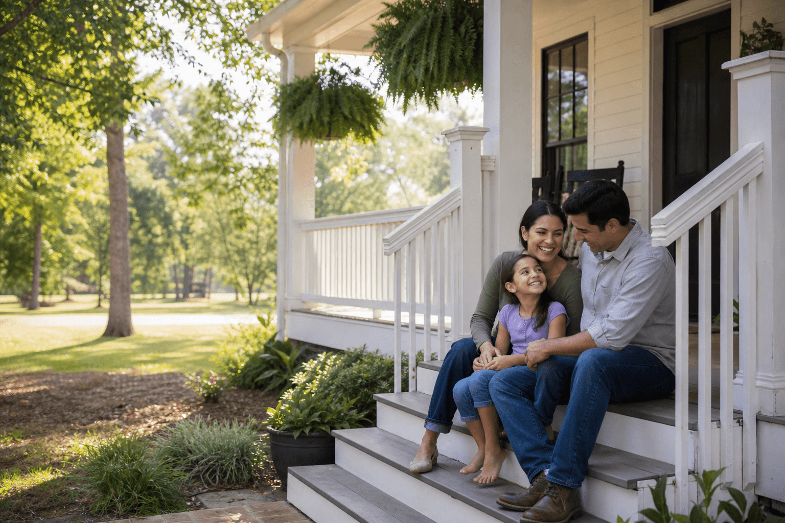 Familia latina en el porche de una casa estilo sureño rodeada de vegetación en Carolina del Norte — Asegurables.com