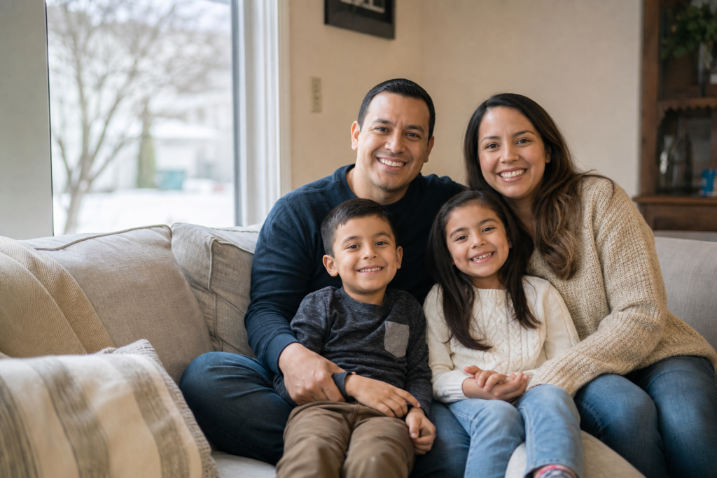 Familia latina acogedora junto a la ventana en un hogar del medio oeste en Michigan — Asegurables.com