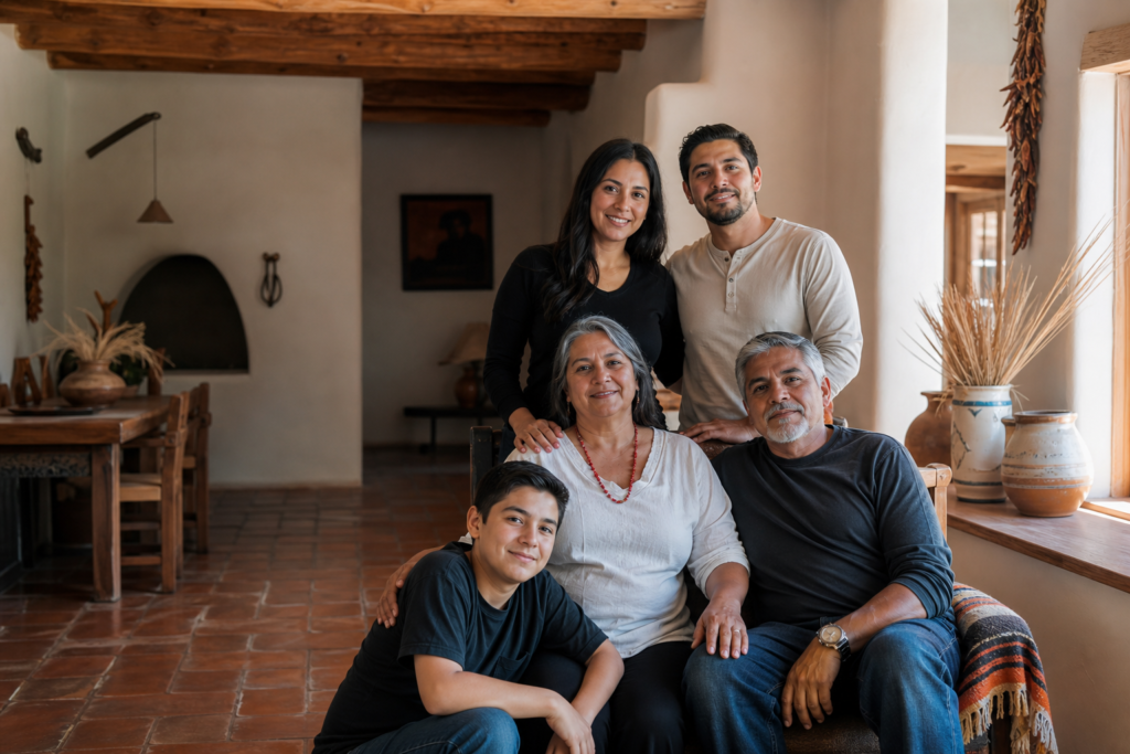 Familia latina en una casa de adobe de estilo neomexicano con tonos terrosos — Asegurables.com