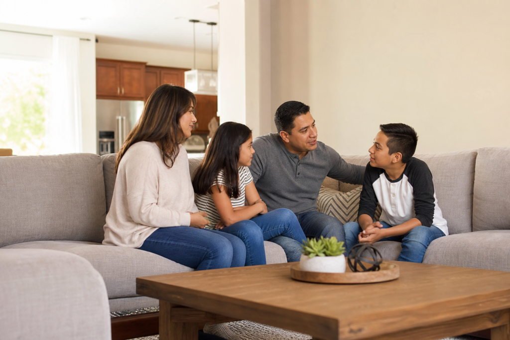 Familia latina en una sala suburbana acogedora en Ohio — seguro de gastos finales, Asegurables.com