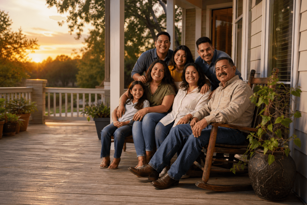 Familia latina multigeneracional en el porche de su casa en Texas — seguro de gastos finales, Asegurables.com