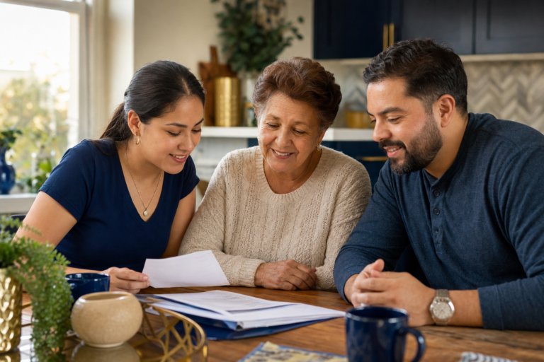 Familia hispana de tres generaciones revisando documentos con calma en la cocina; planificación familiar serena.