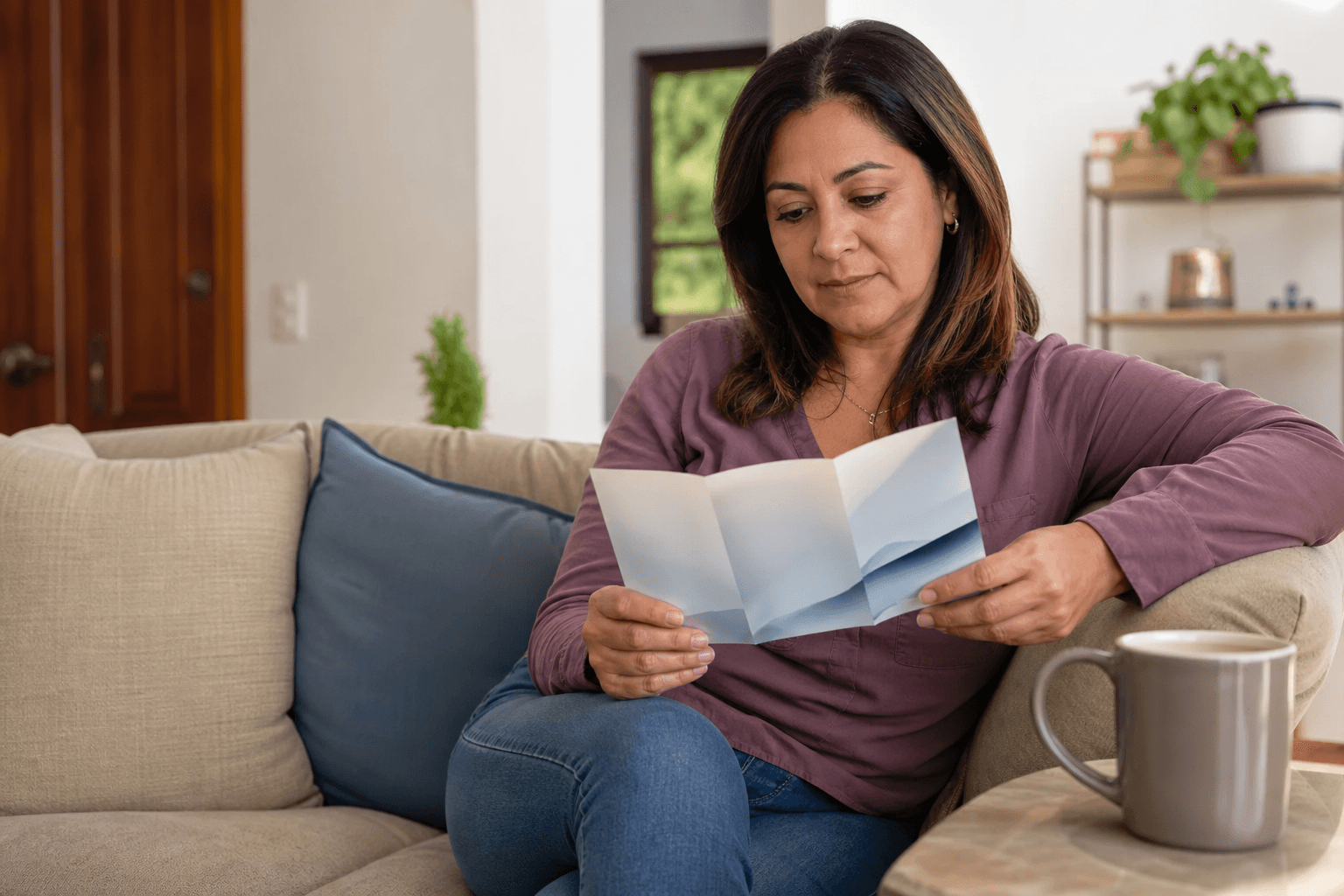 Mujer latina leyendo una guía impresa en casa con un café — guía de seguro de gastos finales, Asegurables.com
