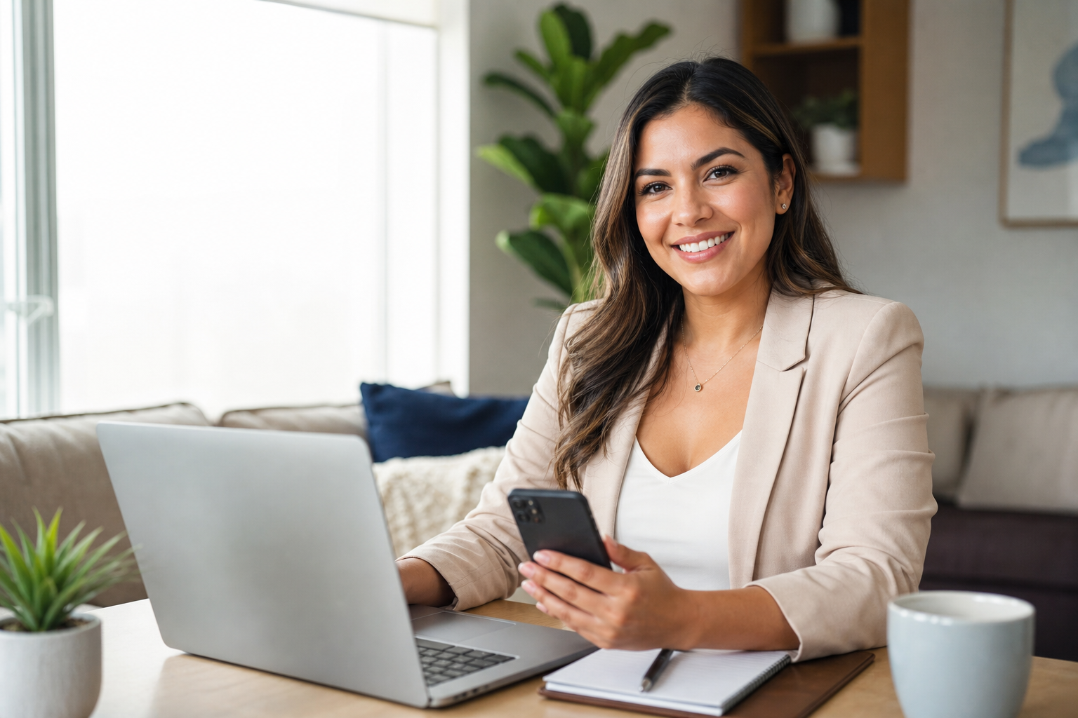 Agente de seguros de gastos finales hispana sonriente trabajando desde casa con una laptop y un telefono en un escritorio ordenado y luminoso
