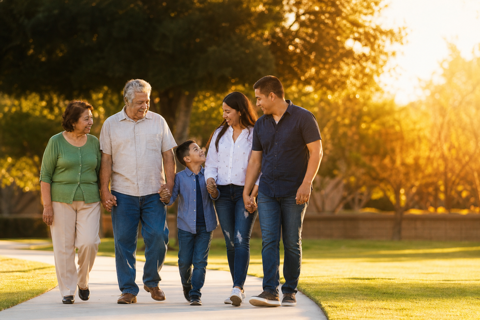 Familia latina multigeneracional caminando unida al aire libre — seguro de entierro, Asegurables.com