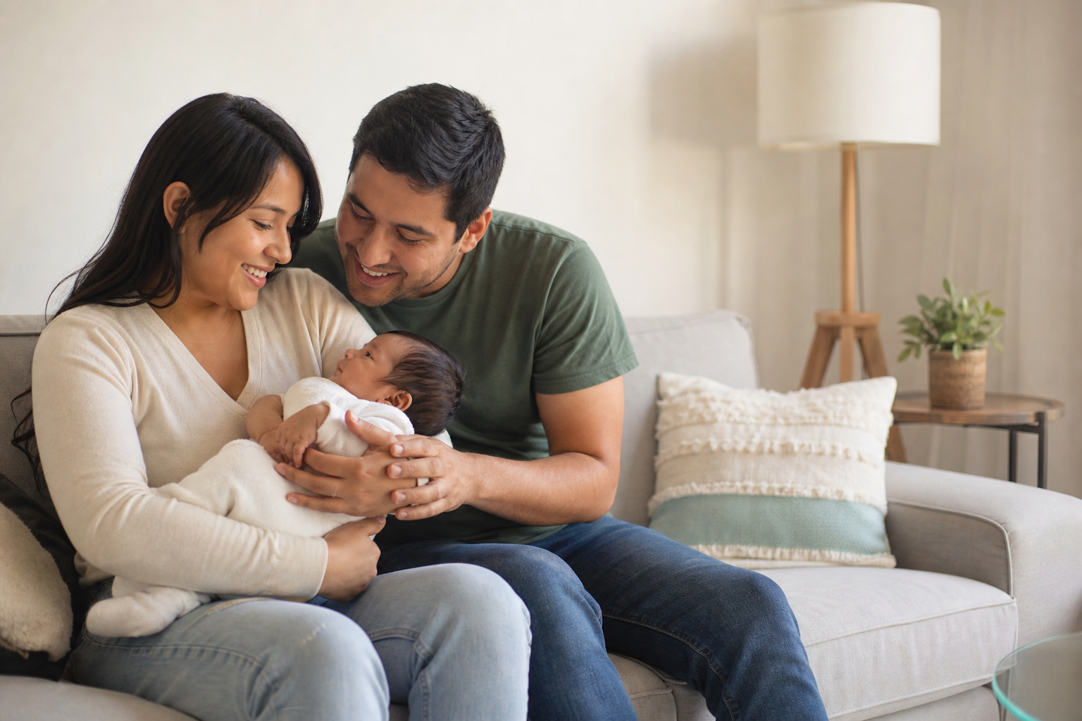 Pareja joven latina con su bebé en casa, protegiendo a su familia — seguro exequial, Asegurables.com