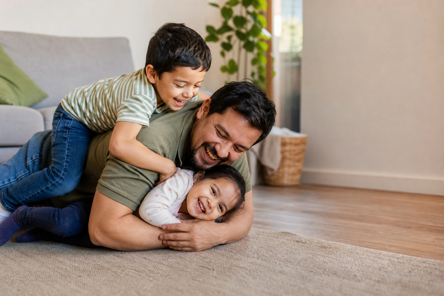 Padre latino jugando con sus hijos en casa, protegiendo a sus seres queridos — seguro de vida, Asegurables.com