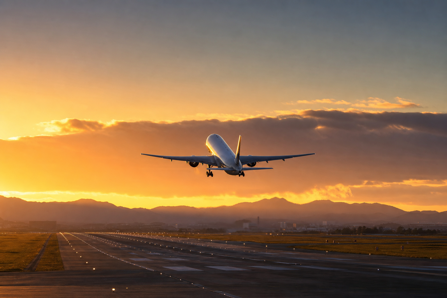 Avión despegando al atardecer contra un cielo cálido; idea de regreso a casa con dignidad y esperanza.