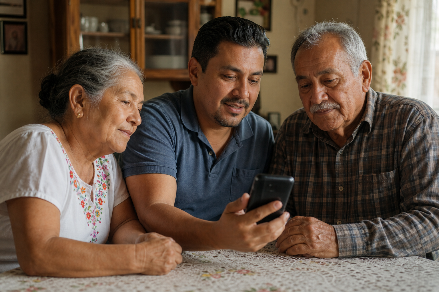 Hijo adulto hispano ayudando a sus padres inmigrantes mayores a contratar un seguro de gastos finales por teléfono en casa