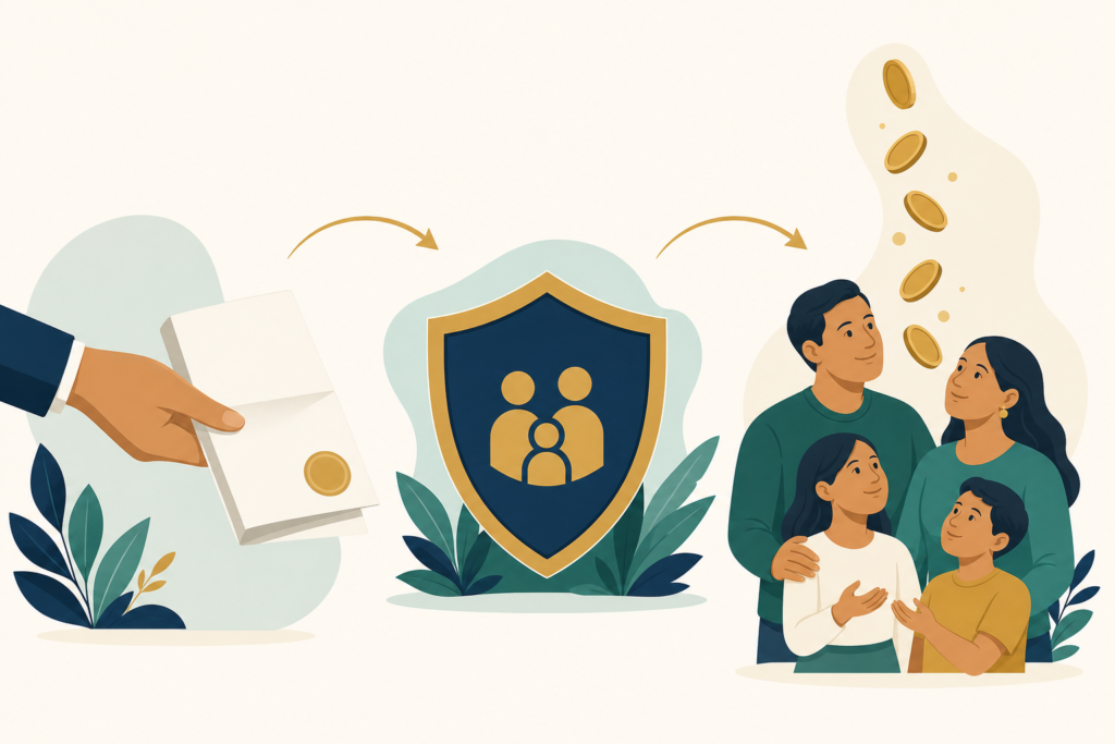 Ilustración del funcionamiento de una póliza de gastos finales: de la solicitud al apoyo para la familia