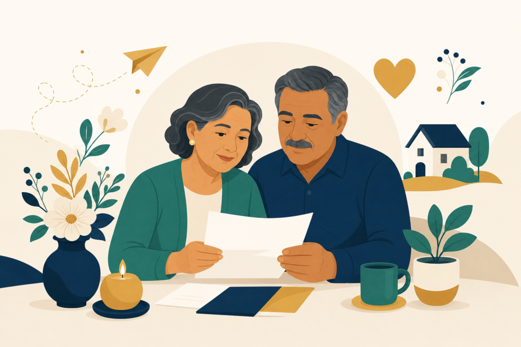 Ilustración: pareja de adultos mayores revisando con calma qué puede cubrir un seguro de gastos finales