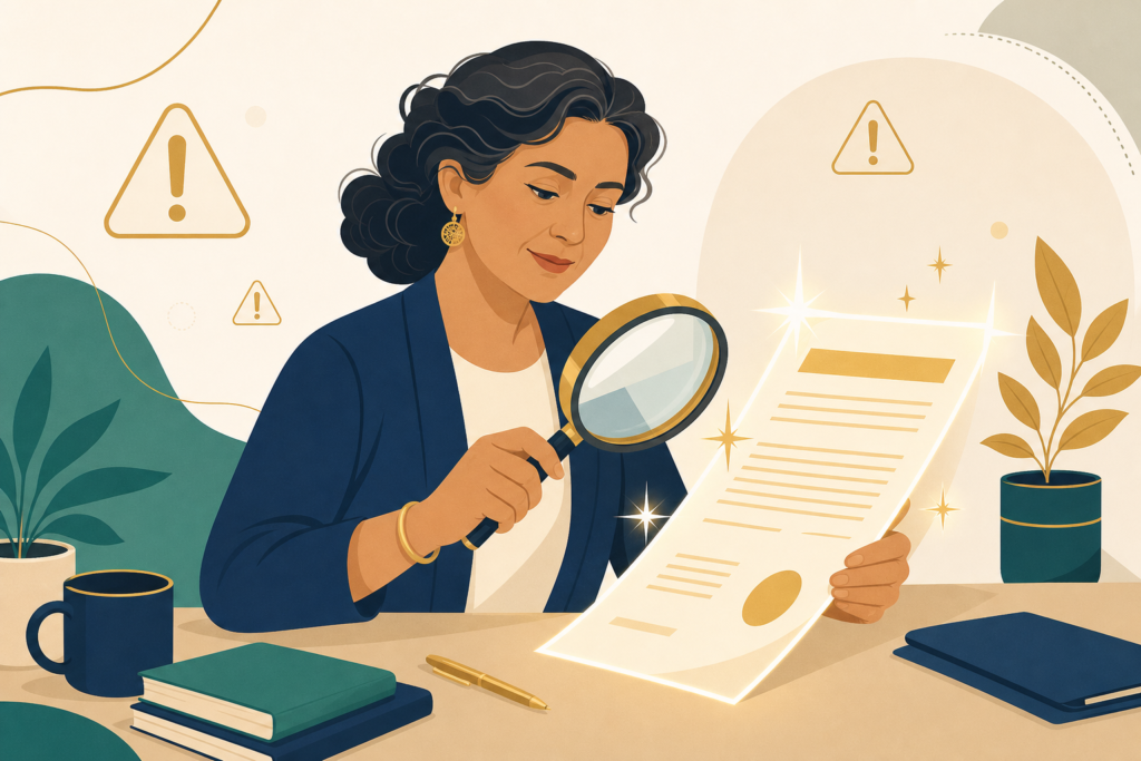 Ilustración de precaución: una persona examina con lupa publicidad engañosa sobre seguros
